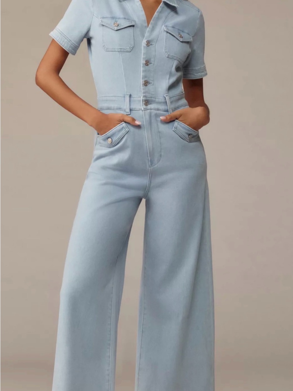 PAIGE Light Blue Wide-Leg Denim Jumpsuit